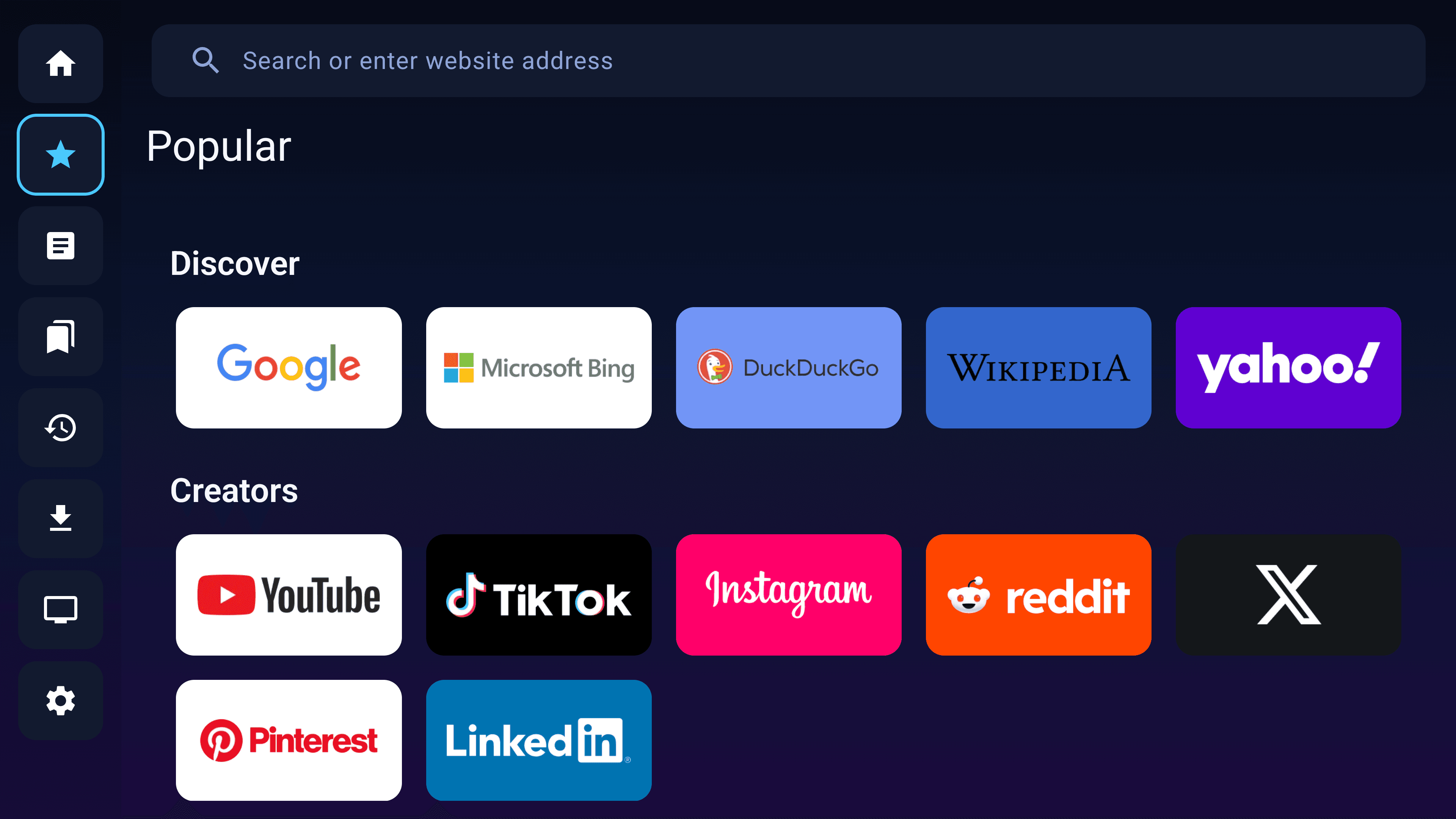 Fast TV Browser popular websites screen on Android TV
