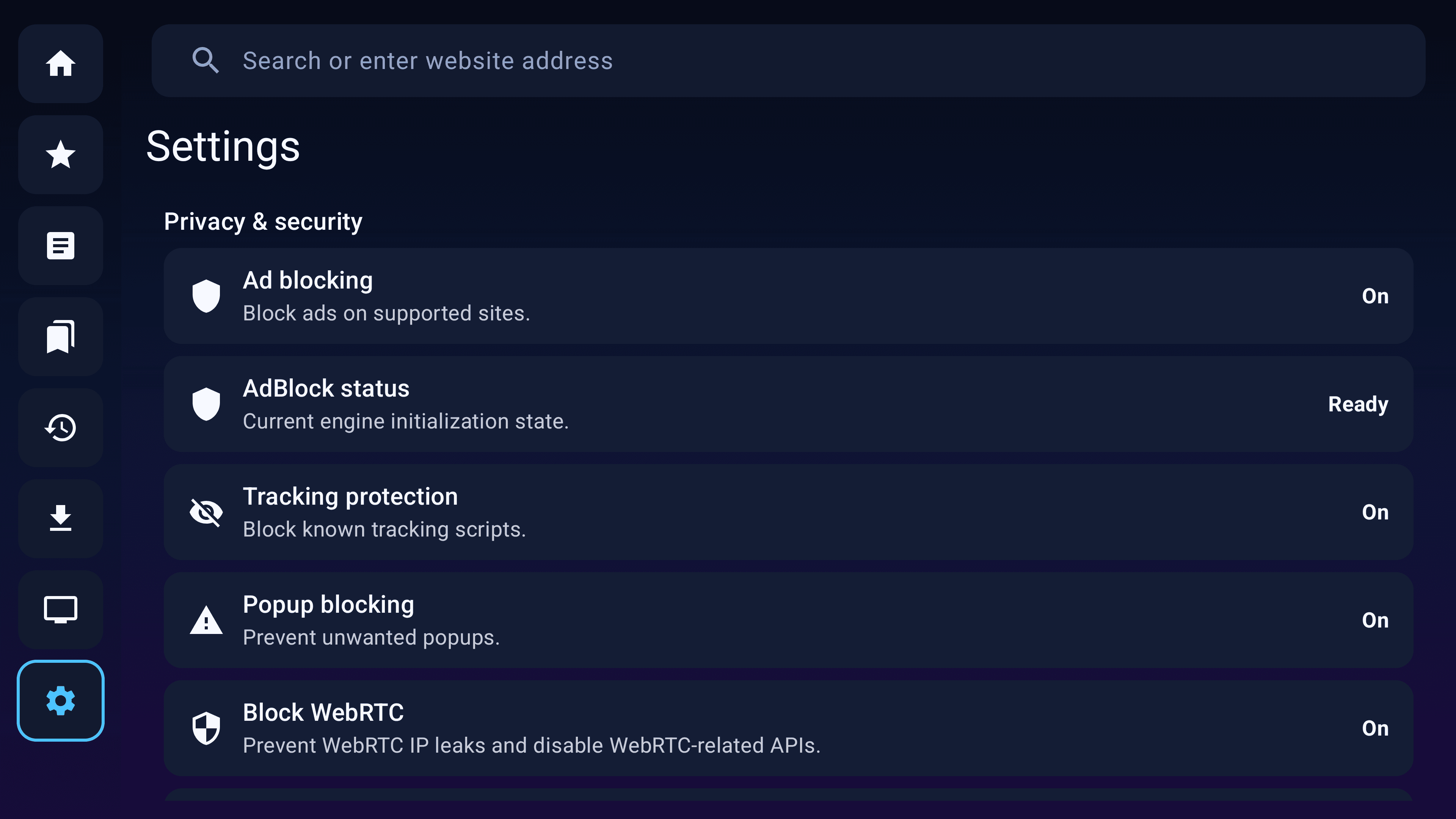 Fast TV Browser settings screen with privacy and browser controls