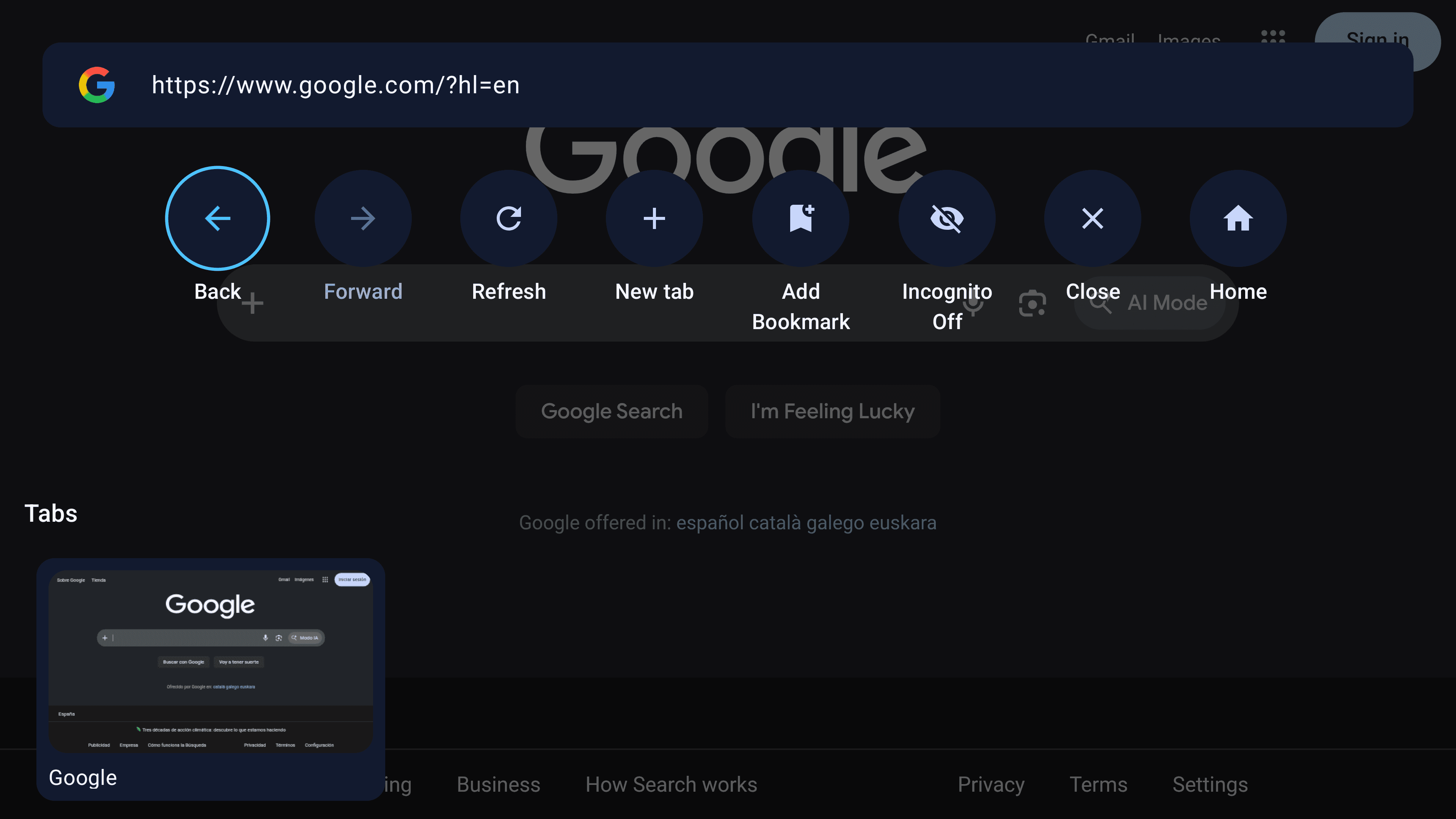 Fast TV Browser web browsing screen with overlay controls on Android TV
